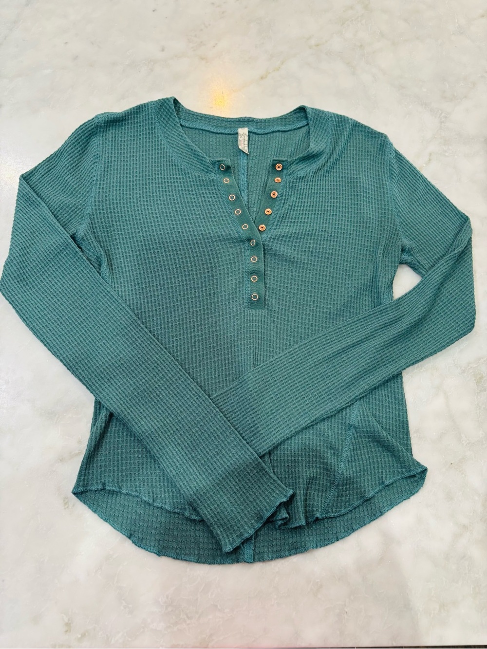 Free People Teal Waffle Henley Long Sleeve Top